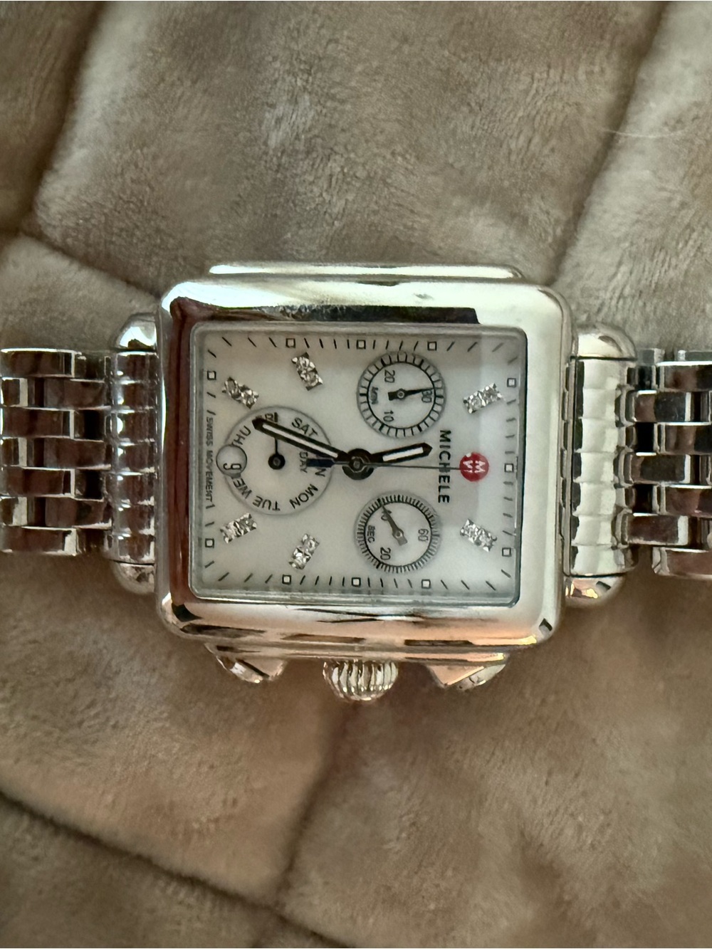 Michele Deco Mid Silver Bracelet Watch with White Dial and Diamond Markers